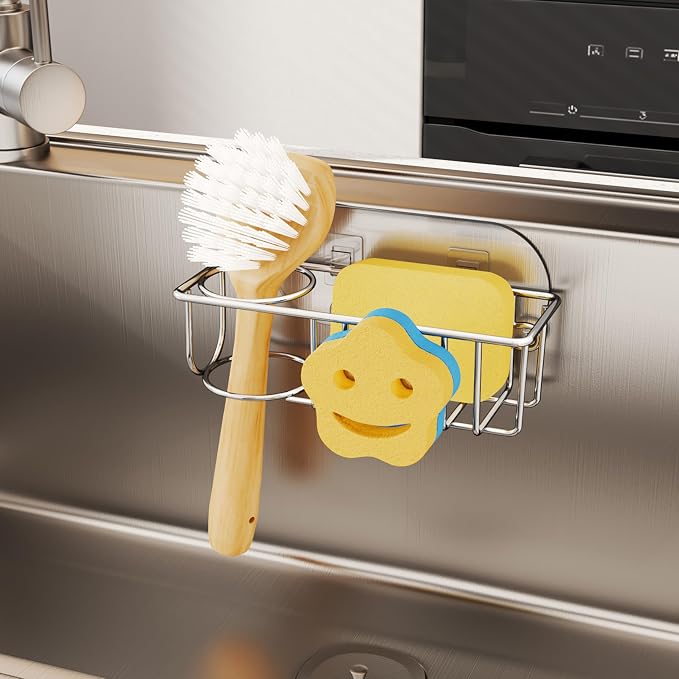 HapiRm Sink Caddy Sponge Holder - No Drill Kitchen Sink Organzier with Smiley Face Sponge Holder, Rustproof and Waterproof Kitchen Organizer - Silver - Image 6