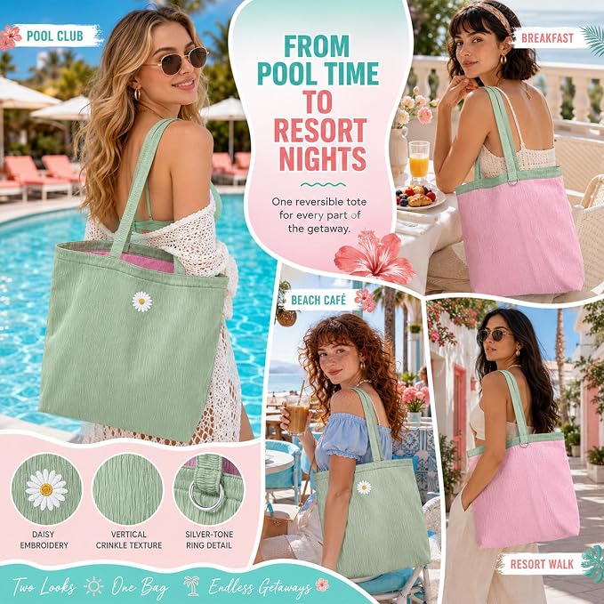 CYD Vacation Tote Bag for Women, Reversible Pink Green Beach Carryall | Vacation tote bag for women and pool bag for women with reversible style, outer pockets and soft packable comfort. - Image 2