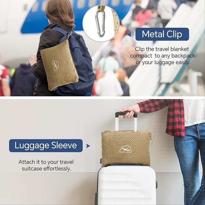 BEDELITE Travel Blanket with Bag, Jacquard Fleece Blanket 65"x40", Camel | Ultra-soft Airplane Blanket, Luggage Sleeve & Backpack Clip, Travel Essentials for Women, Foldable as Pillow for Long Flight - Image 5