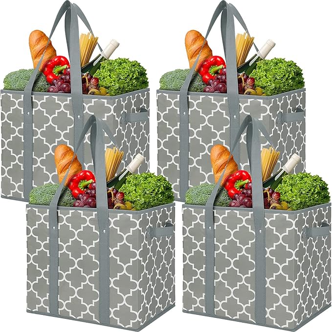 Reusable Grocery Bags 4-Pack Foldable Washable Large Storage Basket, Grey | Water Resistant Shopping Tote Bag Bins by WiseLife