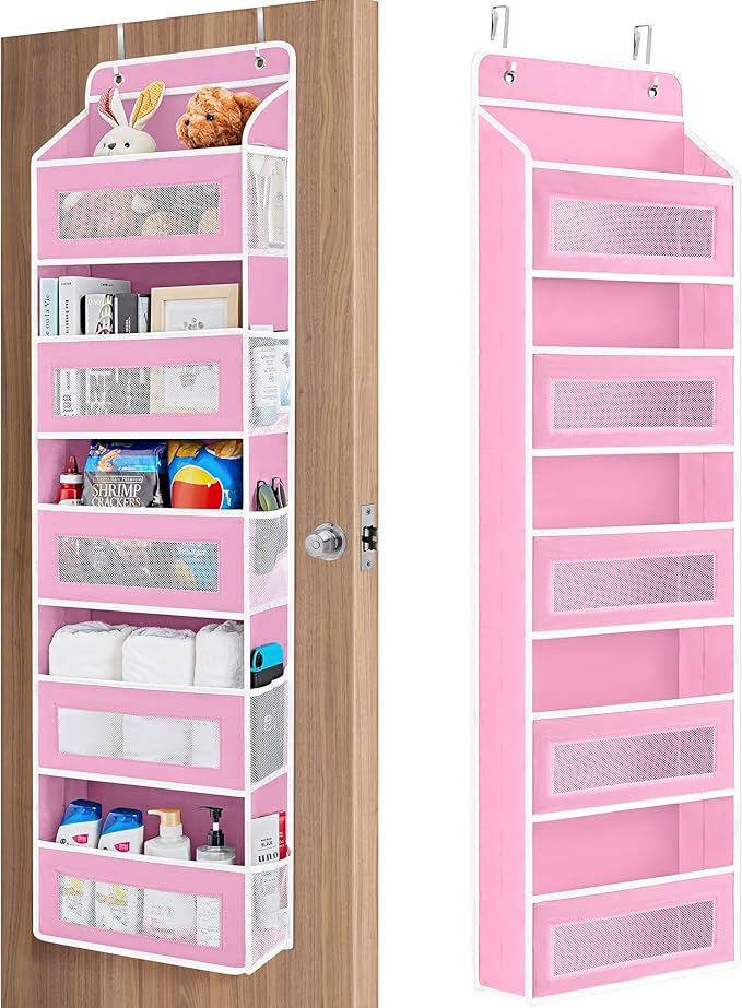 JARLINK Over the Door Organizer for Bedroom, Pantry, Bathroom, 5 Shelf Pink | Anti-Tilt Design, 44 lb Load Capacity, Hanging Door Organizer with 5 Large Capacity Pockets, Behind Door Storage for Nursery by JARLINK