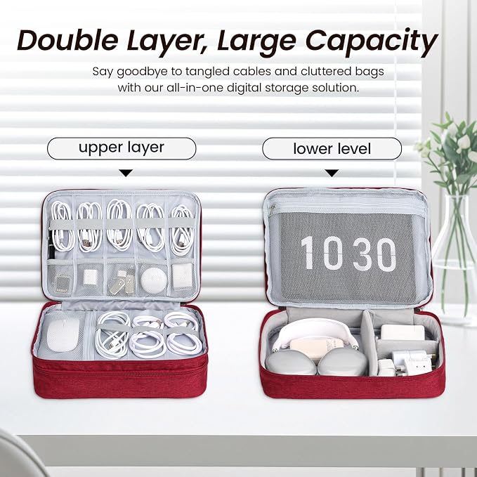 Electronic Organizer Travel Case, Double Layer Cable Organizer Bag | Double-layer design with adjustable dividers, mesh pockets and elastic loops for chargers, cables, power banks and gadgets - Image 4