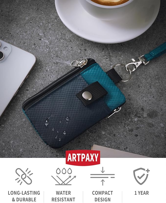 Artpaxy Minimalist Wallet For Mens Womens, Keychain RFID Blocking Zipper Small Wallet with ID Window 2 Lanyards,Water Resistant Travel Cash Card Coin Case Boys Girls - Image 2