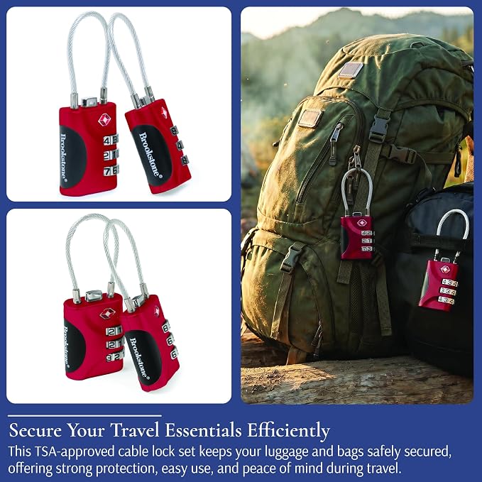 Brookstone Cable Luggage Locks, 2 Pack, TSA Approved, Resettable | 3-Digit Combination Lets You Set Your Own Code, Slim Design Threads Through Zippers or Straps, Great for Bags - Image 4