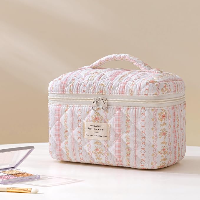 HBselect Quilted Makeup Bag, 3Pcs Cotton Large Travel Makeup Bags Organizer | Cute Floral Make up Bag Cosmetic Bag Toiletry Bag for Women Girls, Makeup Pouch for Skincare, Brushes & Travel Essentials - Image 5