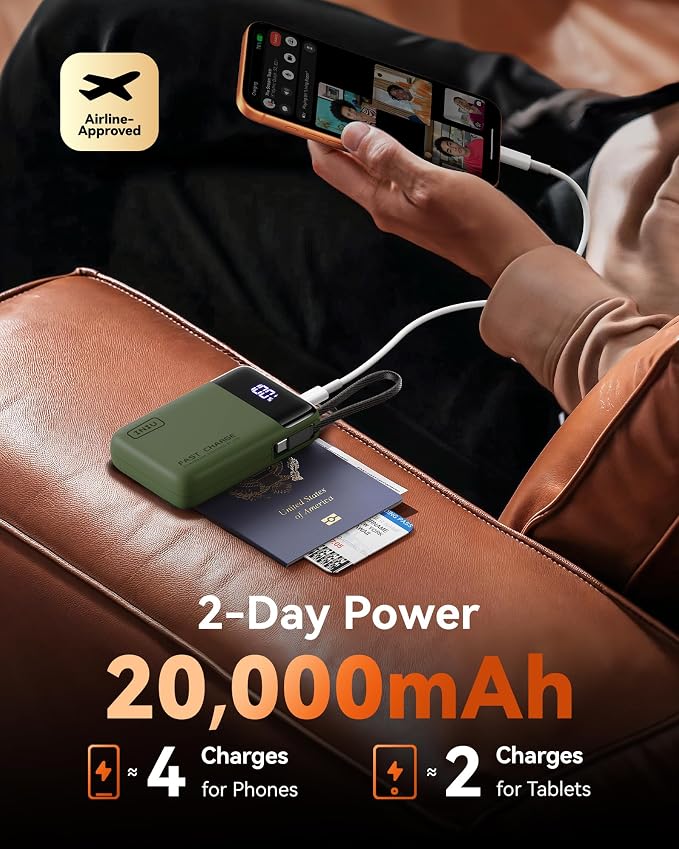 INIU 20000mAh Portable Charger, Smaller 45W Fast Charging Travel Power Bank | Flight-Safe, Built in USB-C Cable, Travel Essential, Battery Phone Pack for iPhone 17 16 Pro, Samsung S26, iPad etc, Green - Image 5