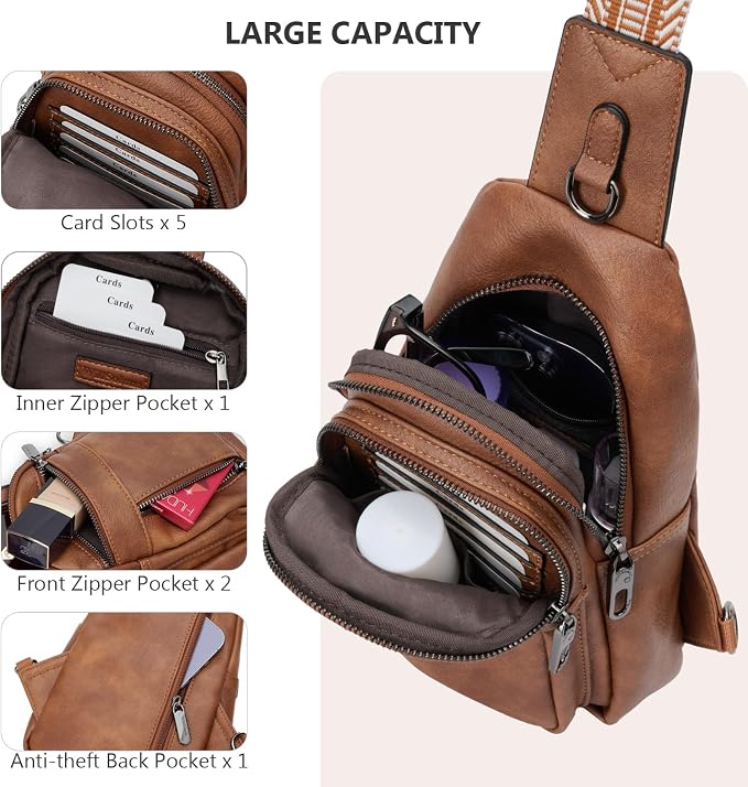 Anti-theft Sling Bags Women Small PU Leather Chest Fanny Pack | RFID Blocking,Safety Zipper,5 Card Slots,Adjustable Strap,Large Capacity,Multi Pockets,Faux Leather,Daypack,Bum Bags,Travel - Image 7