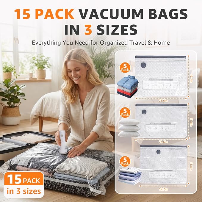 Travel Vacuum Bags with Rechargeable Electric Pump, 15 Pack, 3 Sizes | Vacuum Seal Bags for Clothing, Space Saver Compression Bags for Suitcase, Carry-On, Cruise & Travel - Image 4