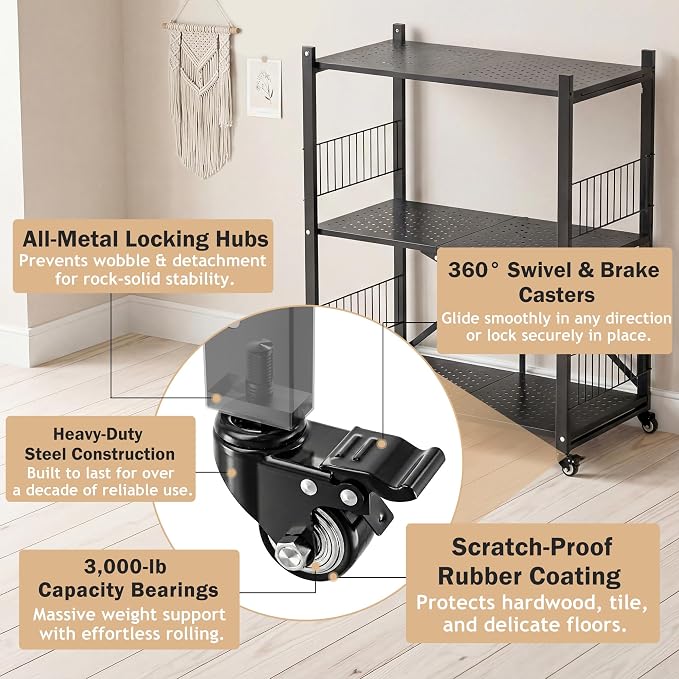 Folding Storage Shelves No Assembly, 3 Tier Metal Foldable Shelves with Wheels, Collapsible Rolling Storage Rack for Laundry Room Garage Small Spaces, Black - Image 5