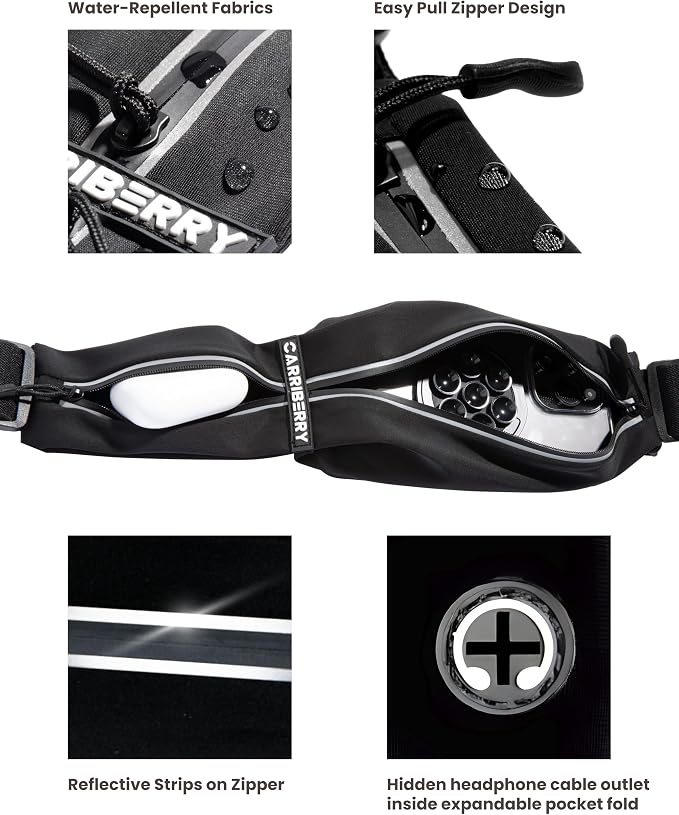 Slim Running Belt - Dual Pocket Waterproof Pouch for All Phones | Expandable Pockets; Reflective Pull Zippers; Bounce Reduction Technology; Adjustable elastic waistband; For Phones & Keys - Image 4