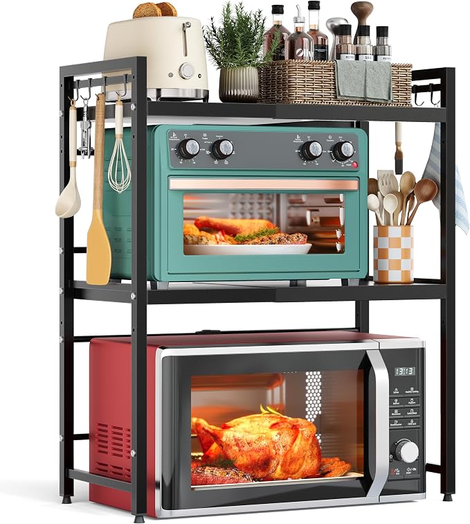 3 Tier Expandable Microwave Stand countertop,Microwave Oven Rack | microwave shelf, storage shelves for pans &appliances,Adjustable partition height，8 Hooks,110lbs max load,Black by NETELOfficial