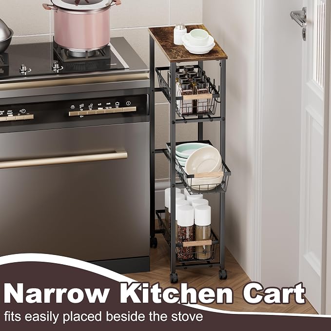 Narrow Rolling Cart with Wheels, 4-Tier Slim Metal Storage Cart with Pull-Out Baskets, 7.87 Inch Width Small Laundry Room Organizer Cart, Space-Saving for Kitchen, Bathroom - Image 7