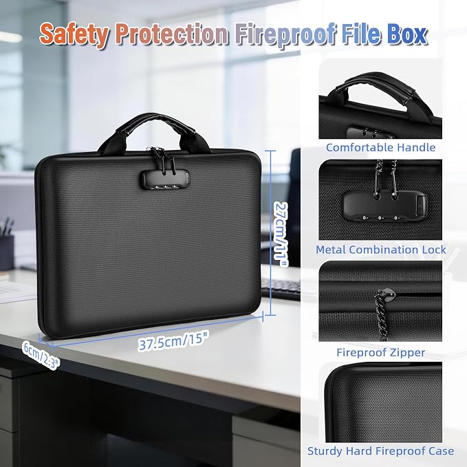 Fireproof Document Safe Box with Lockable Zipper, Hard-shell, 13 Pockets, Waterproof for Important Papers Binder, Fire/Water Resistant File Box for Travel, Home & Office, Organizer for Passport, Cards - Image 4