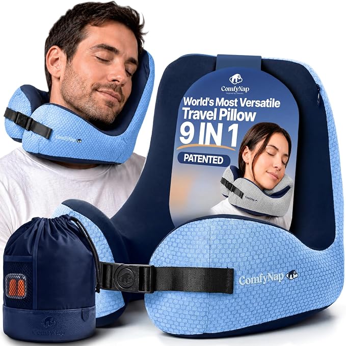 ComfyNap® Versatile Travel Neck Pillow for Airplane [Patented], 9 Positions in 3 Techniques, Plane Pillow with Pure Memory Foam, Travel Pillow with HeadRest Flight Sleep, Travel Essential - Zeus by InspiredbyDreams