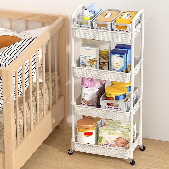 MOYIPIN 4-Tier Plastic Rolling Utility Cart with Handle,White | Utility Storage Cart for Office, Living Room, Kitchen,Movable Storage Organizer，Easy installation，Rattan-like art design - Image 8