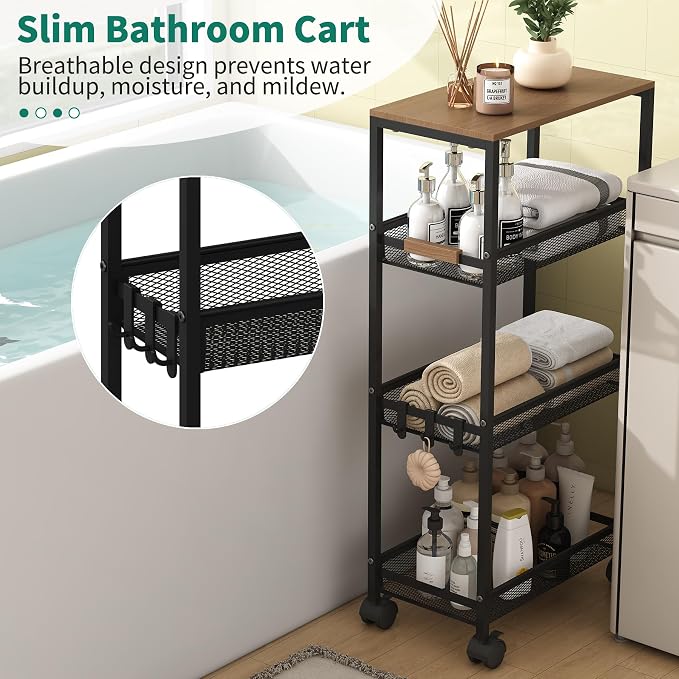 4-Tier Slim Utility Rolling Laundry Cart with Wheels, Easy to Assemble | 9.1" Wide for Narrow Spaces, Wood Top with Metal Frame, Mobile Storage Shelves for Bathroom, Kitchen, Office - Image 4