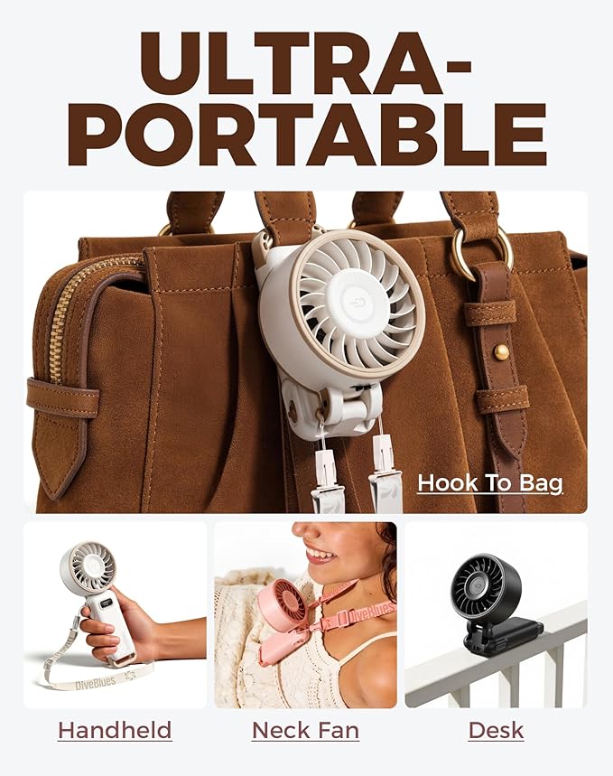 Diveblues Portable Turbo Fan, 100 Speed Handheld Fan with Strong Airflow, Foldable 4 in 1 Personal Fan for Neck, Desk & Travel, USB-C Rechargeable, Lightweight for Summer, Concerts & Outdoor Use - Image 6