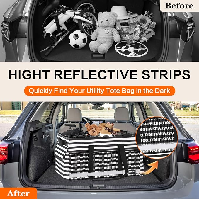 Extra Large Utility Tote Bag with Reflective Strip, Standing Reusable Grocery Bags with Hard Bottom, Collapsible Utility Tote with Handles for Shopping, Beach, Picnics, Car, Striped Black - Image 6