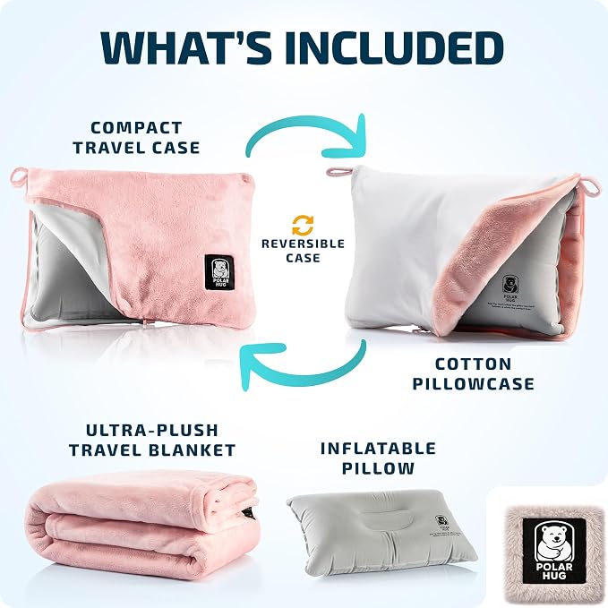 Travel Blanket and Pillow Set — Airplane Blanket with Inflatable Pillow and Cotton Case, Compact Travel Blanket with Back-Neck Snaps for Long Flights - Image 4