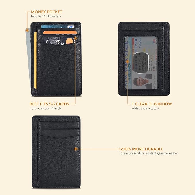 Slim Minimalist RFID Leather Wallet, Front Pocket Card Holder, Nappa Black - Image 2