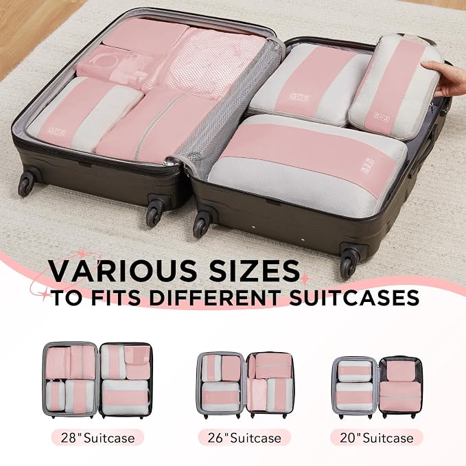 OlarHike 8 Set Compression Packing Cubes for Travel Essentials,Compressible Expandable Space Saver Bags for Organizing Clothes,Luggage Suitcase Garment Bags with Over 1000 pcs Mesh Holes(Pink) - Image 9