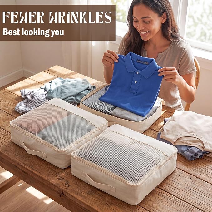 Shinymoon 3 Set 100% Cotton Packing Cubes with Handles,Zippers, Clothes Shoes Organizer(18"x12"x4",Mesh,Regular) - Image 6
