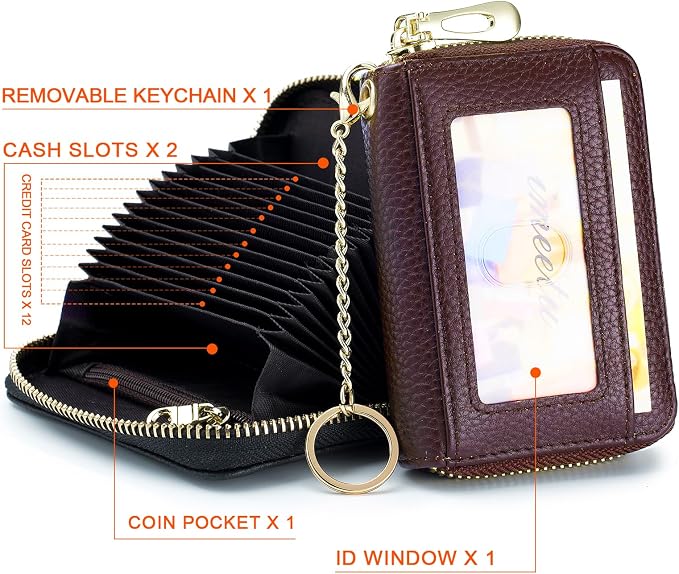 imeetu RFID Credit Card Holder, Small Card Wallet Women, Leather Card Case | Genuine Leather Women's Card & id Cases, Change Coin Purse with Zipper Keychain id Window, 20 Colors & 3 Styles, Daily, Gifts - Image 3