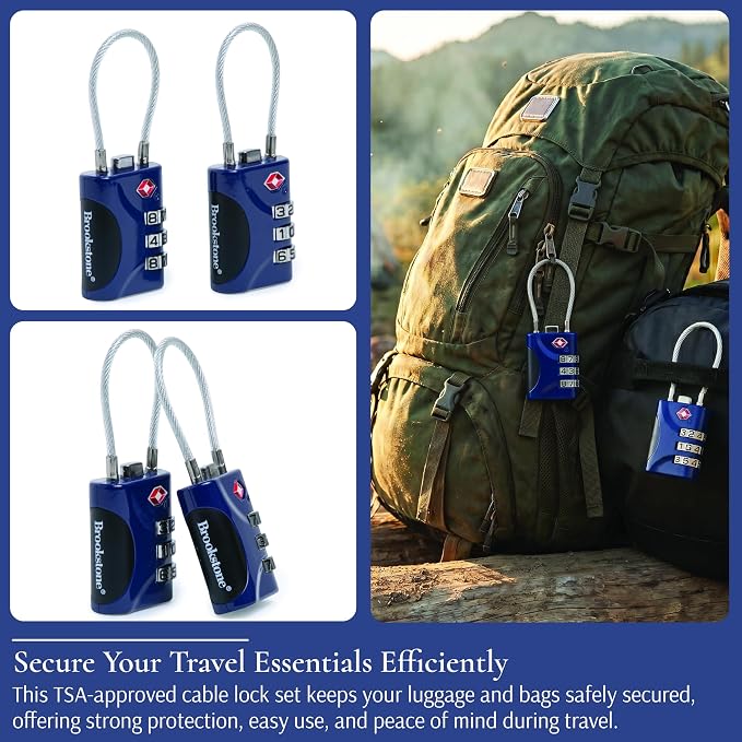 Brookstone Cable Luggage Locks, 2 Pack, TSA Approved, Resettable | 3-Digit Combination Lets You Set Your Own Code, Slim Design Threads Through Zippers or Straps, Great for Bags - Image 4