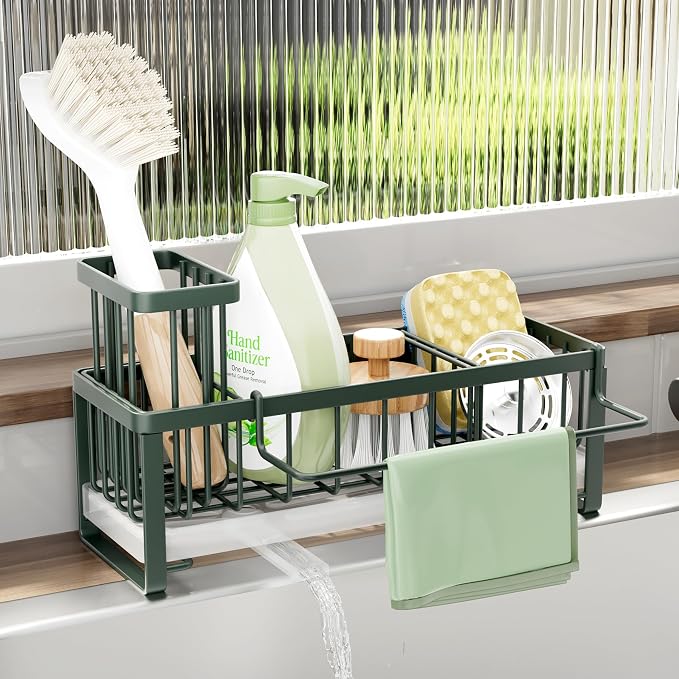 SWTYMIKI Sponge Holder for Kitchen Sink - Sink Caddy with Brush Holder Self-draining Sponge Caddy Organizer with Divider Stainless Steel Kitchen Accessories Storage for Countertop, Green by SwtyMiki-TidyHomeSweetLife