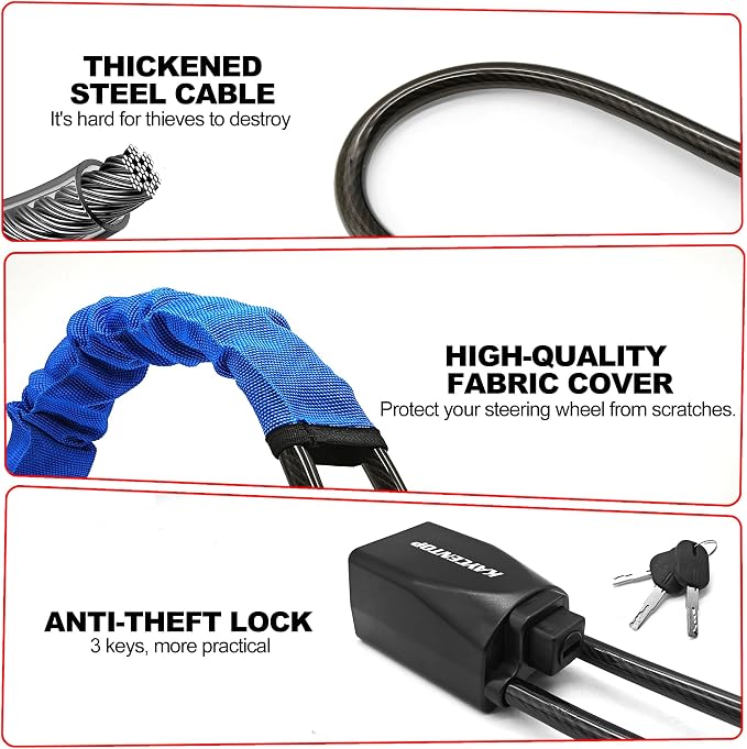 KAYCENTOP Car Steering Wheel Lock to Seat Belt Lock, Anti-Theft Device, Max 17 Inch Length, Small and Light-Weight, Multi-Functional, Fit Most Vehicle, SUV, Golf Cart Security (Blue) - Image 3
