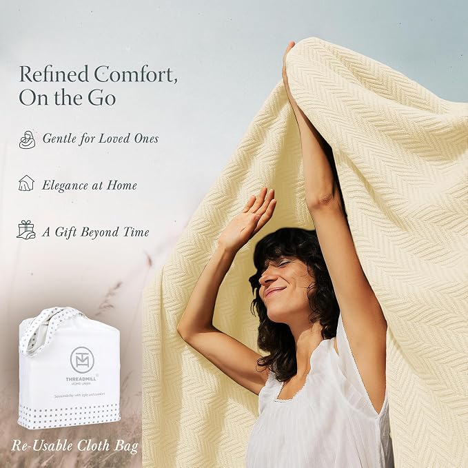 Threadmill Vanilla Cream 100% Combed Cotton King Size Blanket, All-Season Soft Breathable Light Weight Herringbone Throw | 100% Cotton, Herringbone Pattern, 350 GSM, 106x92 in, Breathable, All-Season, Lightweight, OEKO-TEX Certified - Image 7