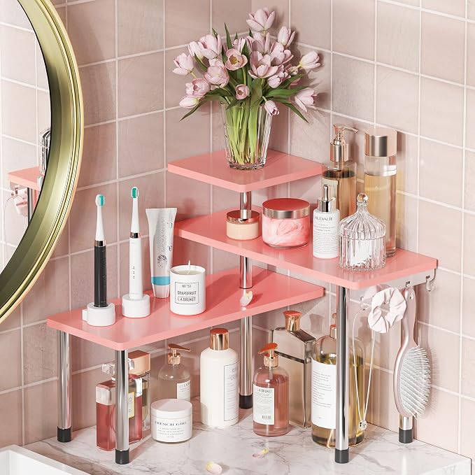 ZHWS Bathroom Counter Organizer Corner Shelf – Bathroom Organization Bamboo 3 Tier Spice Rack Makeup Organizer Bookshelf Space Saving Rack Kitchen Office Living Room (Pink) by ZHWS