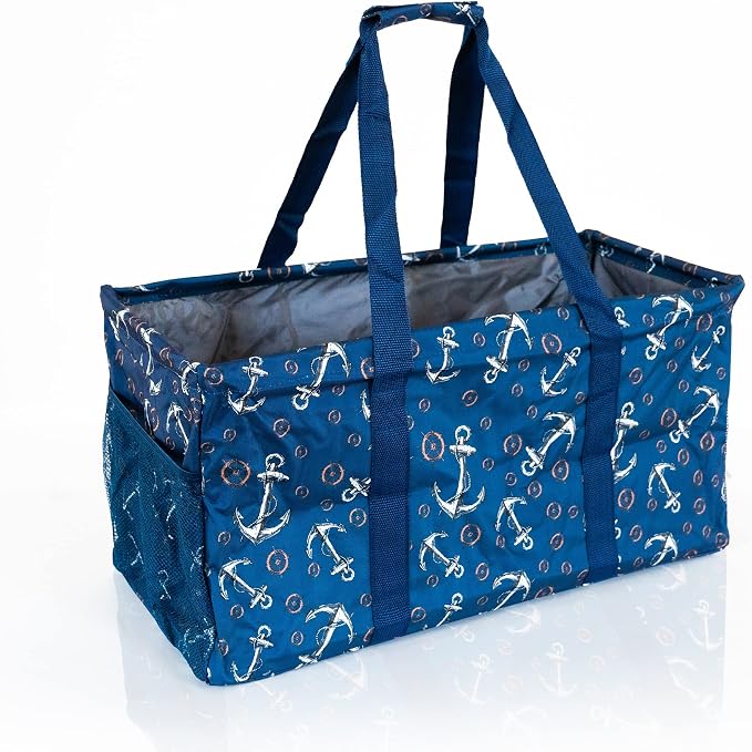 Extra Large Utility Tote Bag - Oversized Collapsible Reusable Wire Frame Rectangular Canvas Basket With Two Exterior Pockets For Beach, Pool, Laundry, Car Trunk, Storage - Anchor by Lucazzi