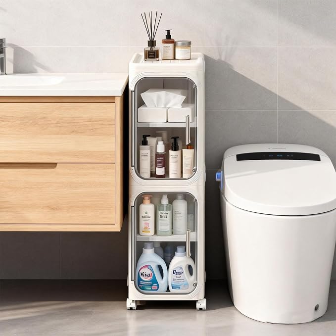 2-Tier Narrow Storage Cabinet Slim Bathroom Skinny Organizer with Wheels | Slim Storage Cabinet with Lockable Rolling Wheels Adjustable Detachable Shelves Snap Assembly for Small Spaces,Snow White by LXLXXL