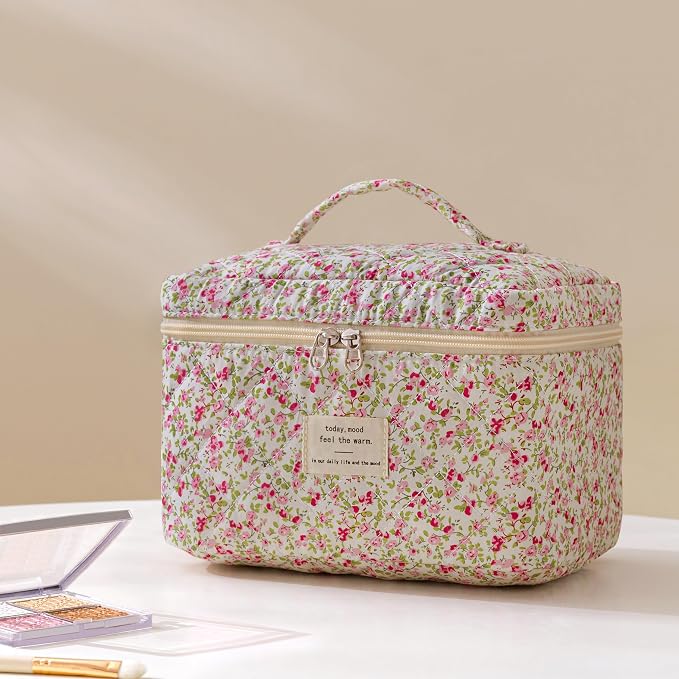 HBselect Quilted Makeup Bag, 3Pcs Cotton Large Travel Makeup Bags Organizer | Cute Floral Make up Bag Cosmetic Bag Toiletry Bag for Women Girls, Makeup Pouch for Skincare, Brushes & Travel Essentials - Image 5