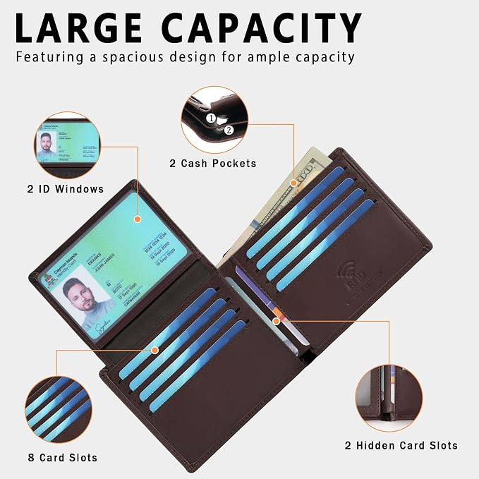 Travelambo Genuine Leather Wallet for Men with Gift Box - Handmade Bifold Stylish - Mens Wallets Rfid Blocking with 2 ID Windows - Image 5
