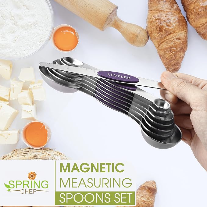 Spring Chef Stainless Steel Magnetic Measuring Spoons Set of 8, Purple | Metal Teaspoon & Tablespoon Measuring Spoons w/ Leveler for Dry & Liquid Ingredients, Measure Spoons for Baking & Cooking - Image 2
