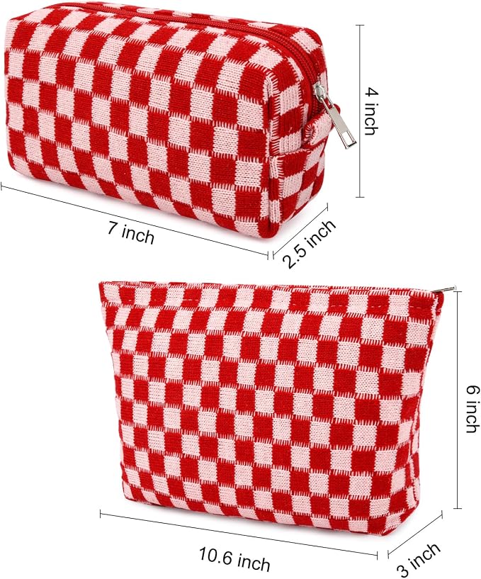 SOIDRAM 2 Pcs Checkered Makeup Bag Large Cosmetic Bag Toiletry Bag Makeup Pouch Travel Bag Organizer Cute Makeup Brushes Aesthetic Accessories Storage Bag for Women Red - Image 3