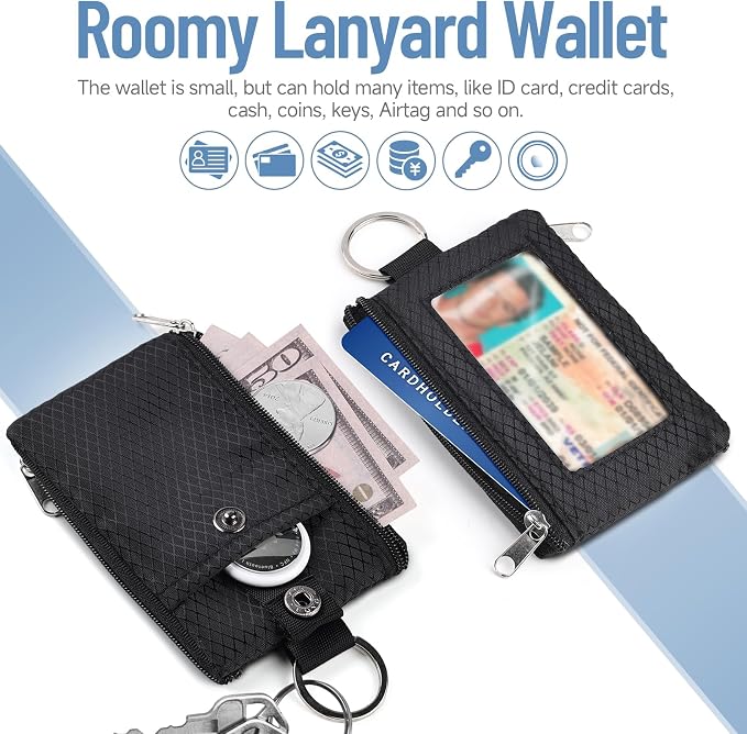 RFID Blocking Lanyard Wallet with ID Window Card Holder Black 1pc | Slim, Small, Keychain Wallet, Traval Neck Wallet, Zipper Pouch, Badge Holder, for Cards Cash Coins - Image 5