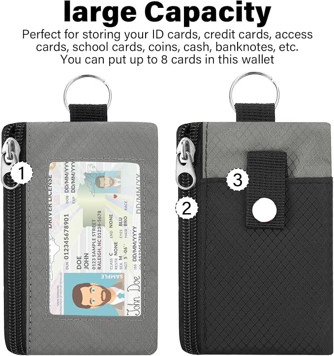 Minimalist RFID Blocking Wallet with 2 Zip Pockets and Lanyard, Water Resistant ID Case with Key Ring and Cards Badge Holder, Coin Purse Pouch for Men and Women Travel Sports -BK+GR - Image 3