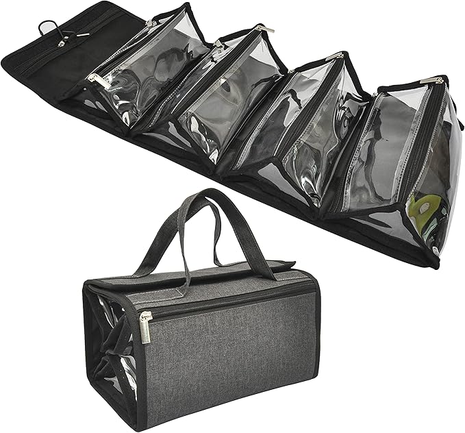 Large Capacity Hanging Eco Polyester Travel Toiletry Bag Makeup Cosmetic Bag 4-in-1 Roll-Up Make Up Storage Organizer With 4 detachable Removable Zipper Clear TPU Pouches & Hook by JulaVance