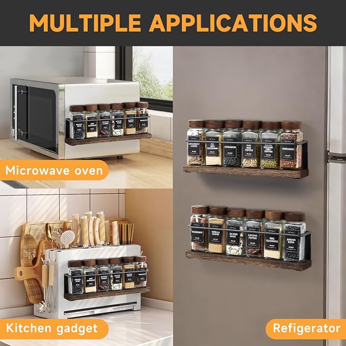 Wooden Lid Magnetic Spice Rack with 12 Jars, 216 Labels, 1 Steel Funnel for Refrigerator，Microwave Oven - Full Set of Spice Organizer - Image 7