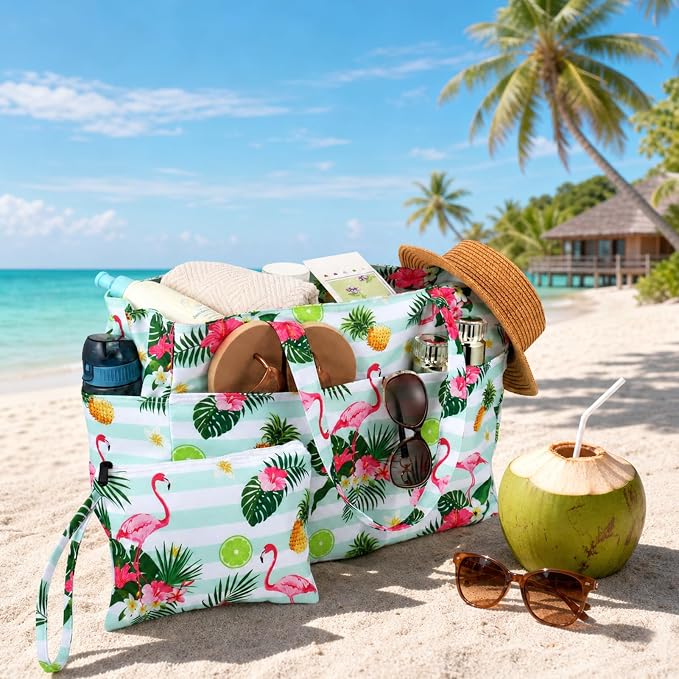 JATEBI Beach Bag with Makeup Pouch for Women | Waterproof Pool Tote Bags with Wet Compartment for Swim Shopping Travel, Zipper, Wet Compartment, 5 Pockets - Image 7