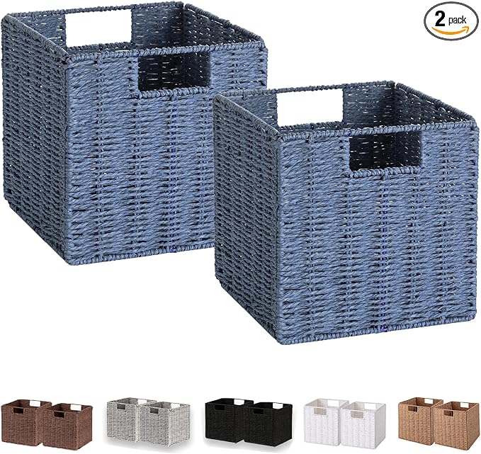 Wicker Basket, Set of 2 Hand-Woven Paper Rope Storage Baskets for Organizing, Foldable Cubby Storage Bins, 9 Inch Small Wicker Storage Basket, Square Baskets Cube Storage Organizer Bins, Blue by Vagusicc
