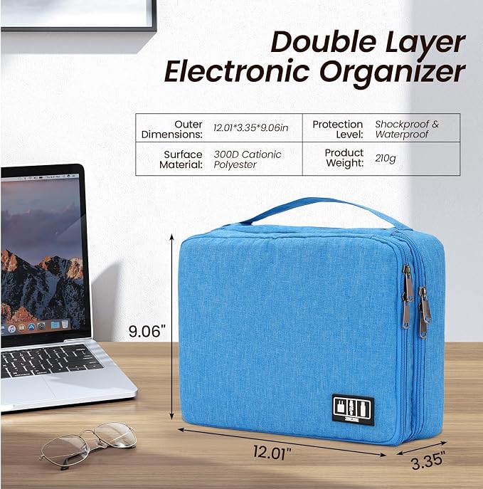 Electronic Organizer Travel Case, Double Layer Cable Organizer Bag | Double-layer design with adjustable dividers, mesh pockets and elastic loops for chargers, cables, power banks and gadgets - Image 2