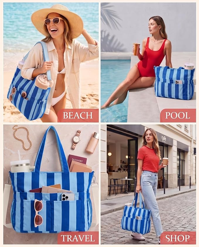 Kacctyen Striped Beach Tote Bag for Women Large Beach Foldable Tote Bag with Zipper Pockets for Travel Pool - Image 2