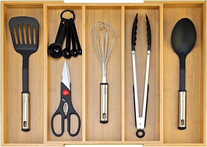 Expandable Bamboo Silverware Drawer Organizer Large Kitchen Utensils Tray | Wide Cooking Utensils Drawer Big Spoon Divider Adjustable Tongs Spatula Organizer Knife Cutlery Tray Wood Flatware Holder by Hilislog
