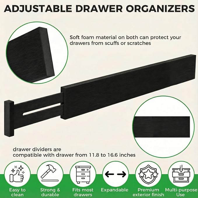 4 Pack Bamboo Drawer Dividers 2.6" High, Adjustable from 12 Inch to 17 Inch | Expandable Kitchen Drawer Organizer Separators for Clothes, Kitchen, Bedroom, Dresser, Office (Black) - Image 2