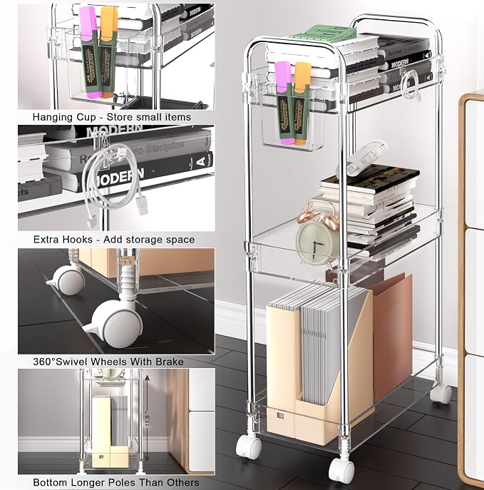 SPACEKEEPER 3 Tier Acrylic Storage Rolling Cart Clear Bathroom Cart Organizer, Transparency Laundry Room Organization Mobile Shelving Unit Multifunction Rolling Utility Cart for Office Living Room | Clear Utility Cart for Laundry Room,Kitchen,Office,Ba... - Image 3