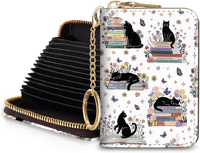 Blusabaca RFID Credit Card Holder Small Women Travel Wallet, Cute Black Cat | Removable Keychain, Case with Zipper, Vegan PU Leather, Cash Coin Pocket, Business Accordion Purse, Ladies Female Gift by Blusabaca